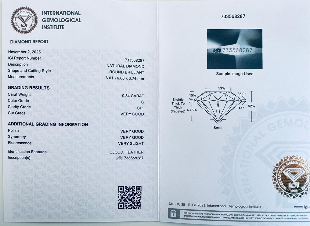 No reserve price - 1 pcs Diamond (Natural) - 0.84 ct - Round - G - SI1 - International Gemological Institute (IGI) #3.2