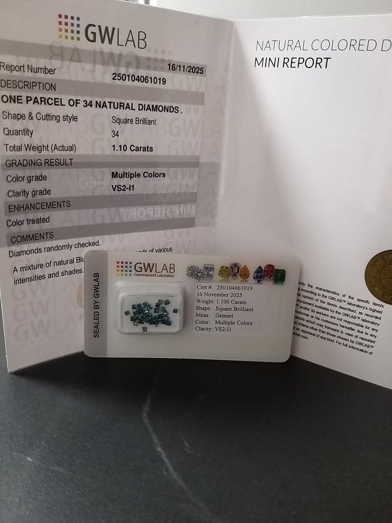 χωρίς τιμή ασφαλείας - 34 pcs Διαμάντι  (Φυσικού χρώματος)  - 1.10 ct - Τετράγωνο - VS2, I1 - Gemewizard Gemological Laboratory (GWLab) #3.2