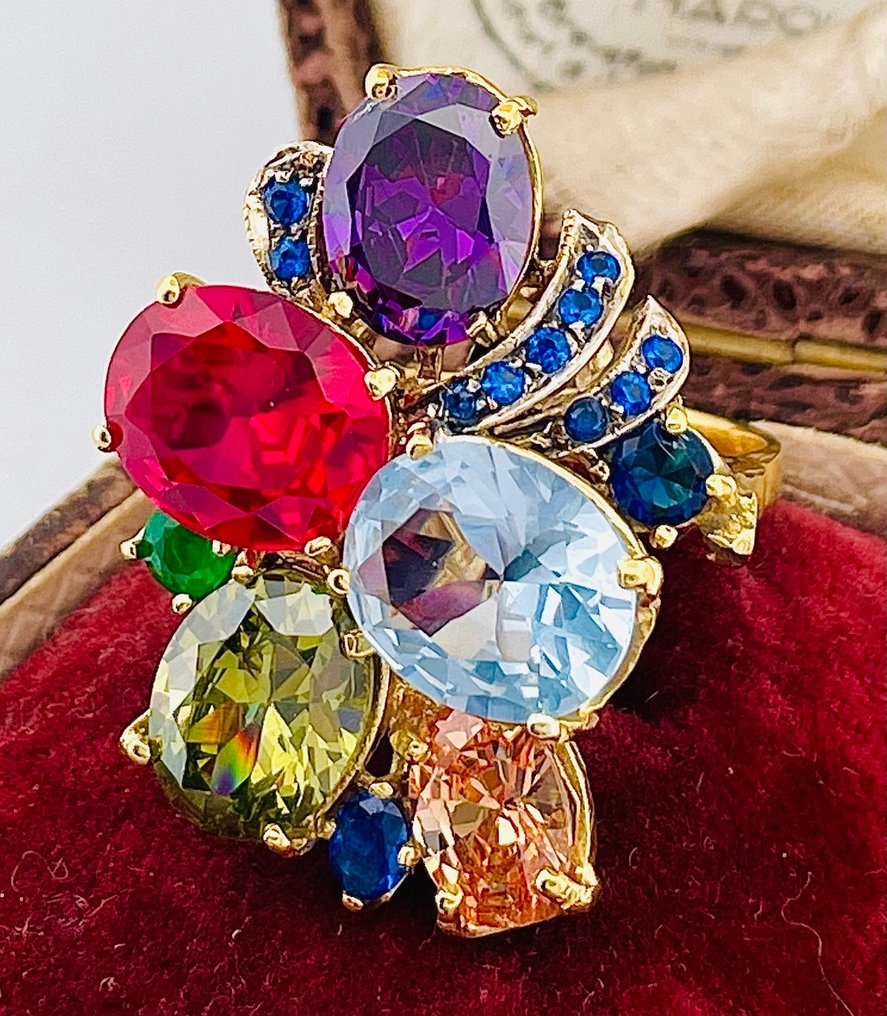 Nincs minimálár - Gyűrű - 9 Kt Sárga arany, Ezüst Zafír - Vegyes drágakövek #4.3