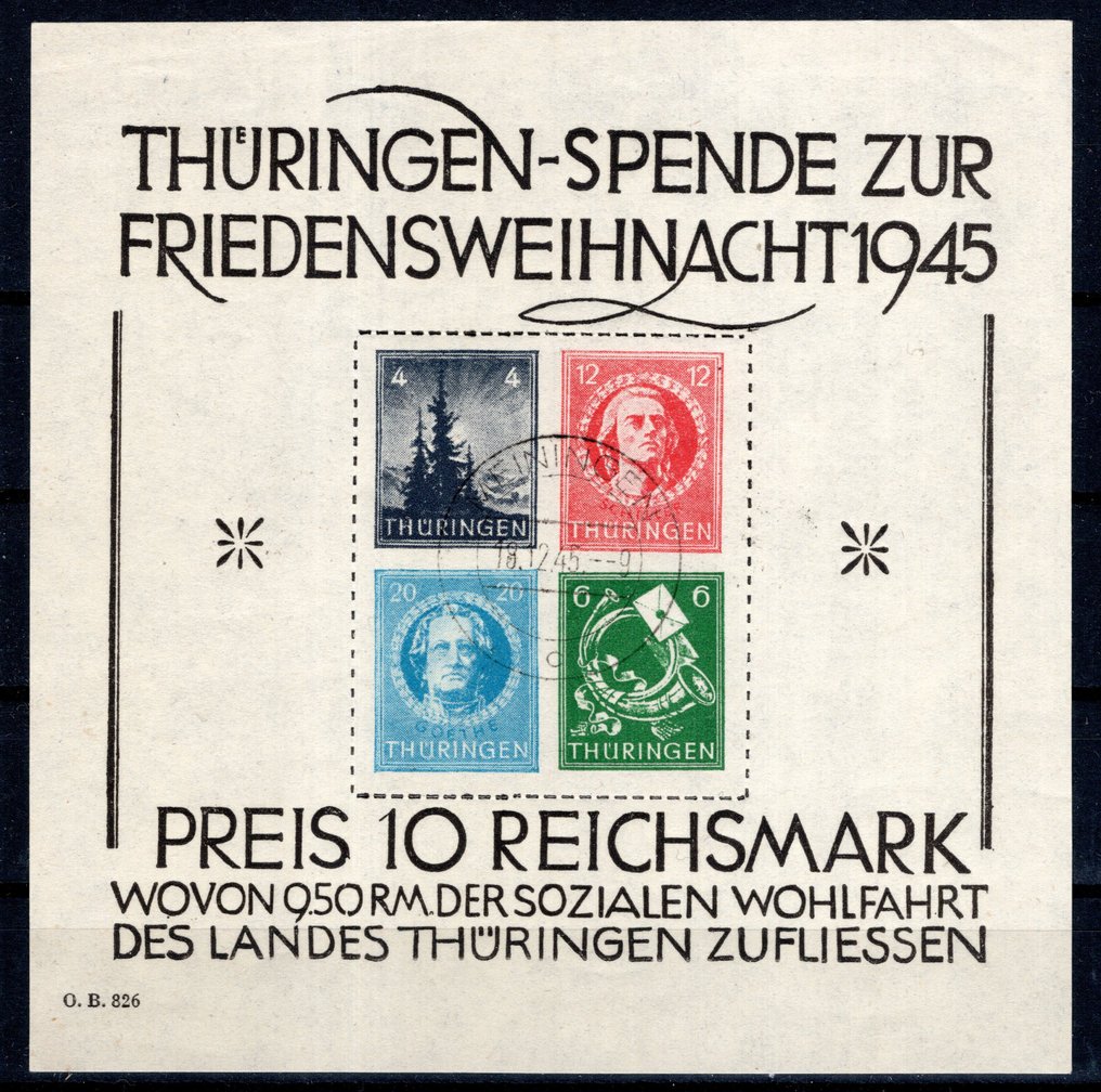 Allied Occupation - Germany (Soviet zone) 1945 - Thuringia Christmas block welfare stamped with an attestation. - Michel Block 2 x #1.0