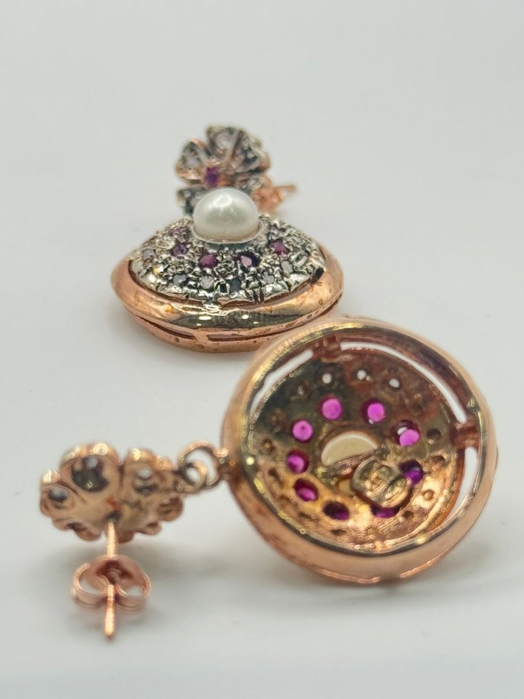 No reserve price - Earrings - 9 kt. Silver, Rose gold Ruby - Diamond #3.2