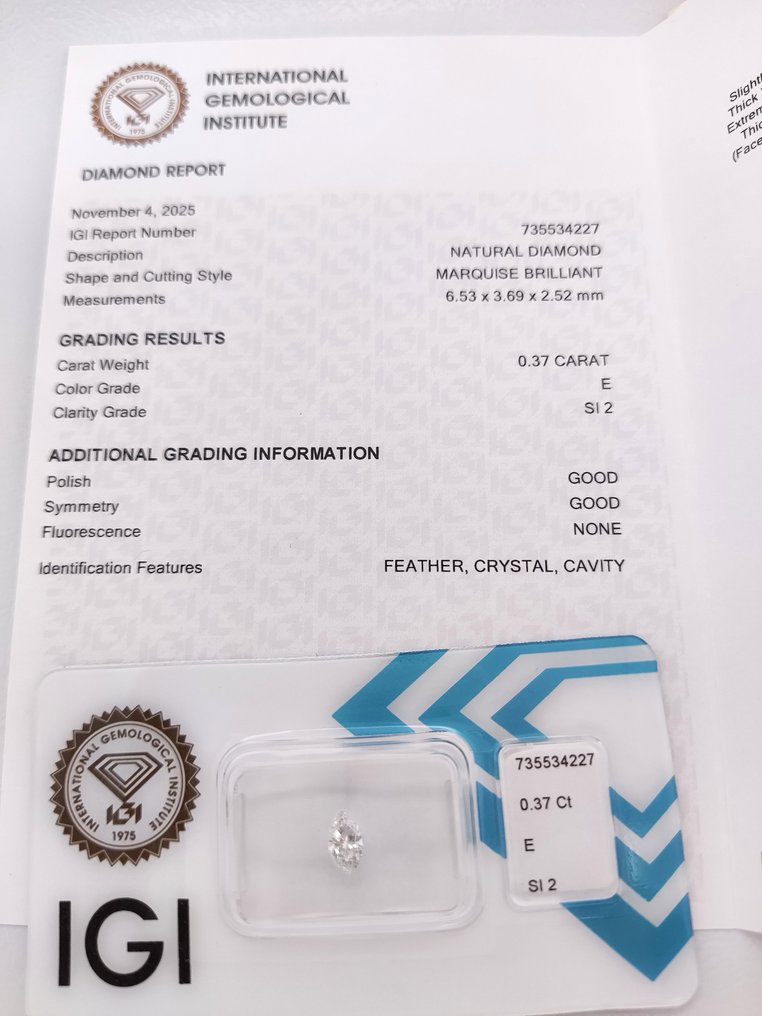 没有保留价 - 1 pcs 钻石 (天然) - 0.37 ct - 榄尖形 - E - SI2 微内含二级 - 国际宝石研究院(IGI) #3.2