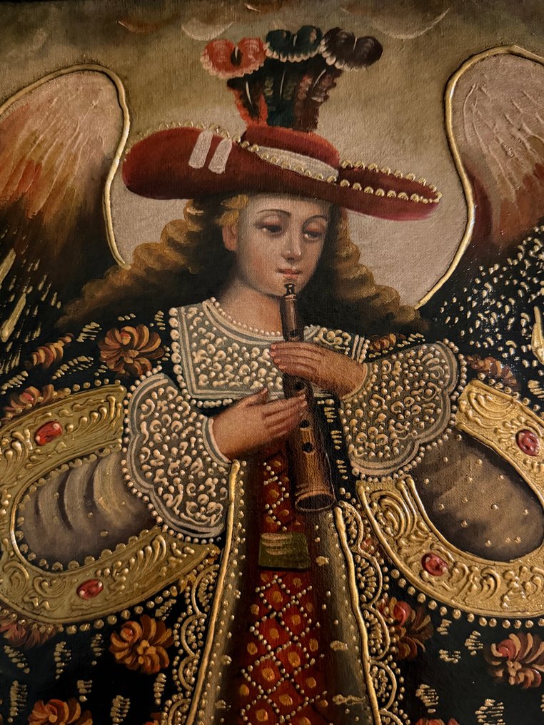Cuzco Colonial Painting - St Gabriel Music Archangel playing the Flute - 32 x 42 cm #2.1