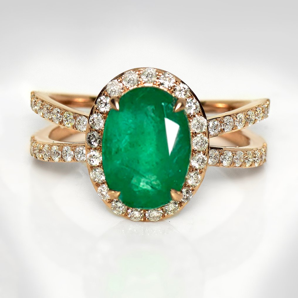 没有保留价 - 戒指 - 14K包金 HRD 2.22 克拉 强烈绿色, 玫瑰金 -  2.81ct. tw. 祖母绿 - 钻石 #1.0