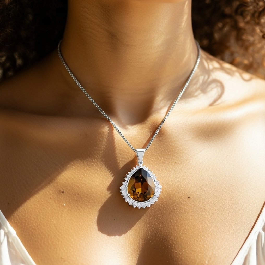 χωρίς τιμή ασφαλείας - Κολιέ Ασημί - 28.05ct. tw. Κιτρίνης - Διαμάντι - Πιστοποιημένο #3.2