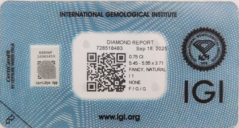 χωρίς τιμή ασφαλείας - 1 pcs Διαμάντι (Φυσικού χρώματος) - 0.75 ct - Στρογγυλό - Fancy Καφέ, Γκριζωπό Κίτρινο - I1 - International Gemological Institute (IGI) #2.1