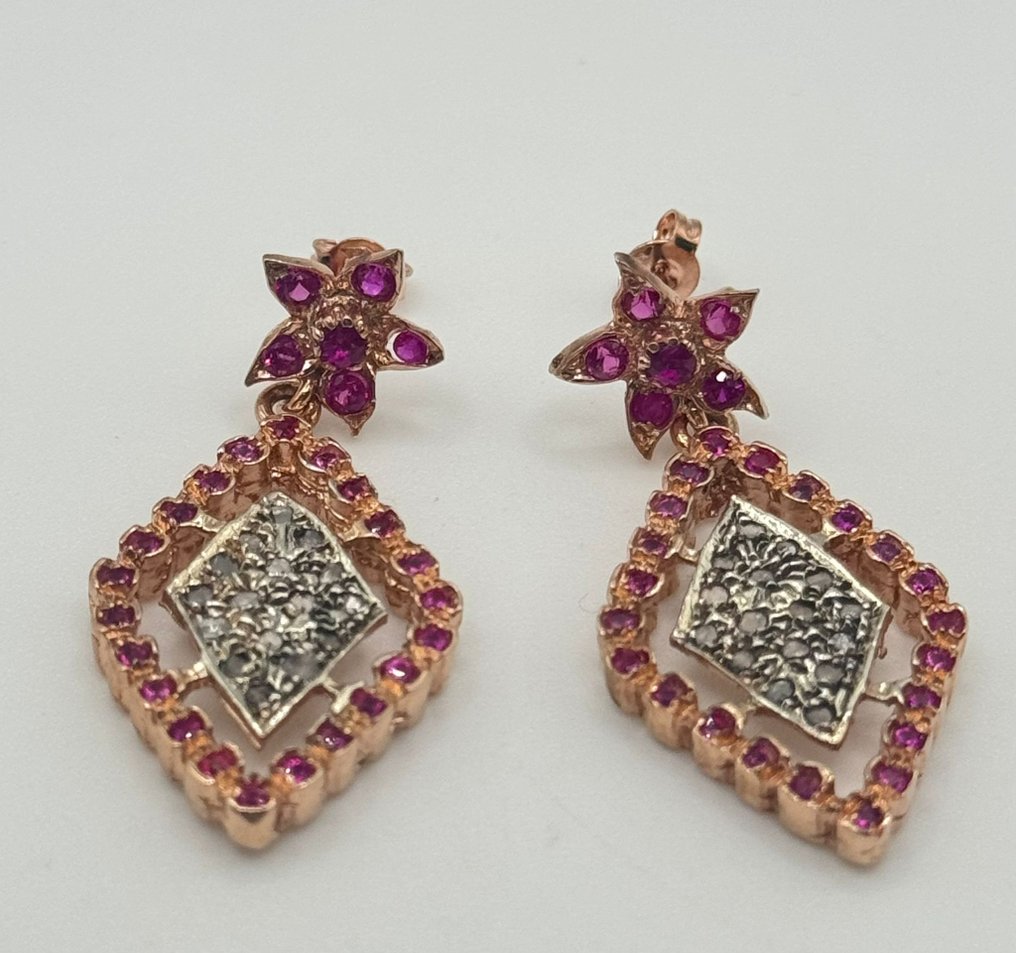 No reserve price - Earrings - 9 kt. Silver, Rose gold Ruby - Diamond #1.0