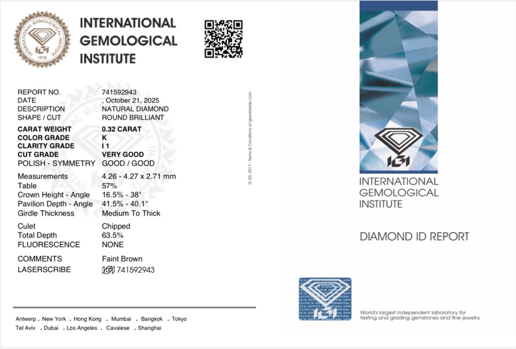 No Reserve Price - 1 pcs Diamond  (Natural)  - 0.32 ct - Round - K - I1 - International Gemological Institute (IGI) #4.3
