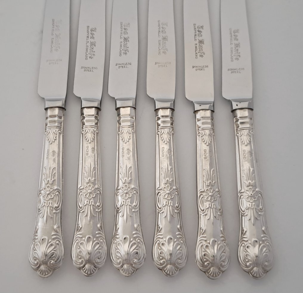 Harrison Brothers, Sheffield - Μαχαίρι φρούτων (6) - κουταλάκια επιδόρπιο με ασημένιο βάρος, Queens patroon - .925 silver #4.3