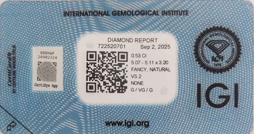 Sans Prix de Réserve - 1 pcs Diamant (Couleur naturelle) - 0.53 ct - Rond - Fancy light Rosâtre Jaune - VS2 - International Gemological Institute (IGI) #2.1