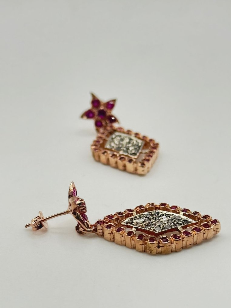 No reserve price - Earrings - 9 kt. Silver, Rose gold Ruby - Diamond #1.0