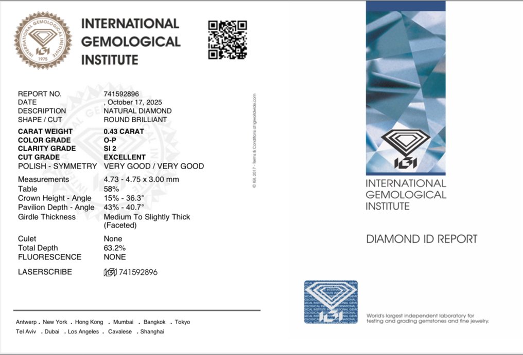 沒有保留價 - 1 pcs 鑽石 (天然) - 0.43 ct - 圓形 - SI2 - 國際寶石學院(International Gemological Institute (IGI)) - O - P #4.3
