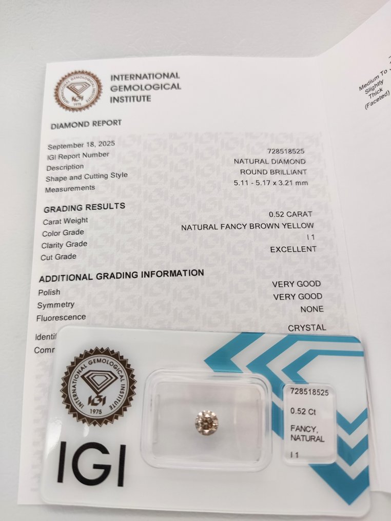 没有保留价 - 1 pcs 钻石 (天然色彩的) - 0.52 ct - 圆形 - Fancy 棕色 黄色 - I1 内含一级 - 国际宝石研究院(IGI) #3.2