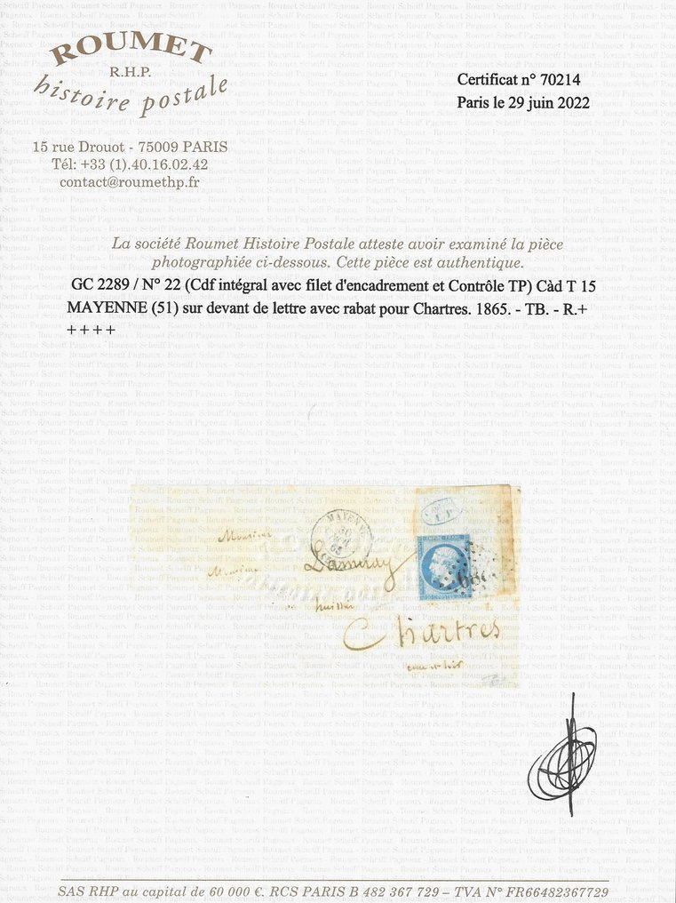 法國 1862 - 帝国齿孔20分蓝色，带有在不完整信件上的控制印章 - Yvert et Tellier n°22 #3.2