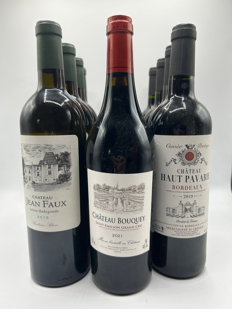 2015 x 4 Château Jean Faux Blanc, 2021 x 4 Château Bouquey & 2019 x 4 Château Haut Pavarie - Bordeaux - 12 Bottiglie (0,75 L) #1.0
