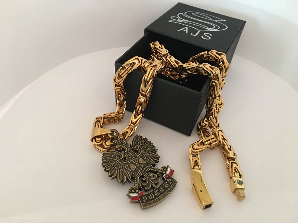 Hypoallergenic Kings Chain 24kt Gold Plated Polska Poland - Necklace with pendant - Polish Eagle Double Sided #4.3
