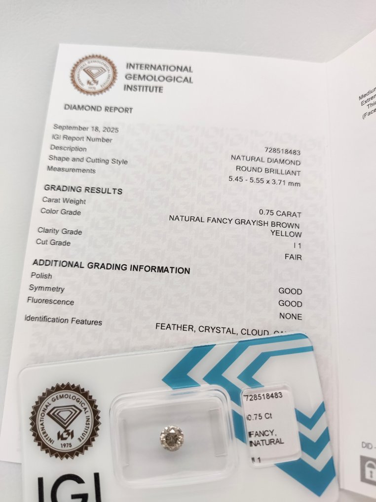 χωρίς τιμή ασφαλείας - 1 pcs Διαμάντι (Φυσικού χρώματος) - 0.75 ct - Στρογγυλό - Fancy Καφέ, Γκριζωπό Κίτρινο - I1 - International Gemological Institute (IGI) #3.2