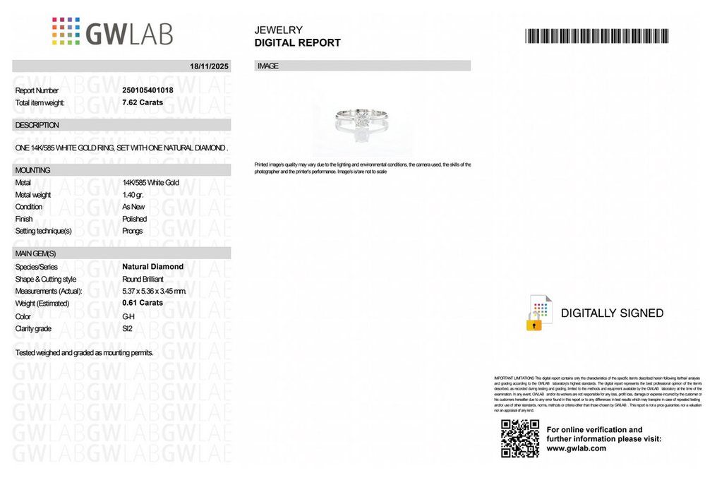 沒有保留價 - 戒指 - 14 克拉 白金 -  0.61ct. tw. 鉆石 (天然) - GWLab #2.1