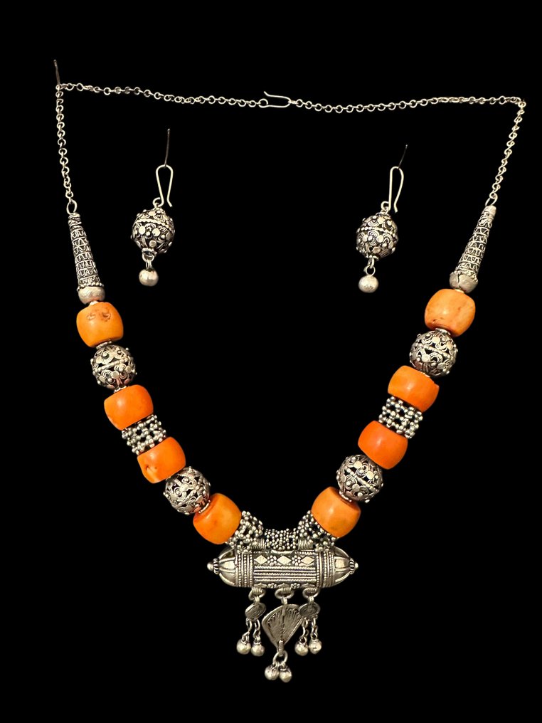 也门犹太银项链与耳环——萨那老城——20世纪中期 - 2件套珠宝 #1.0