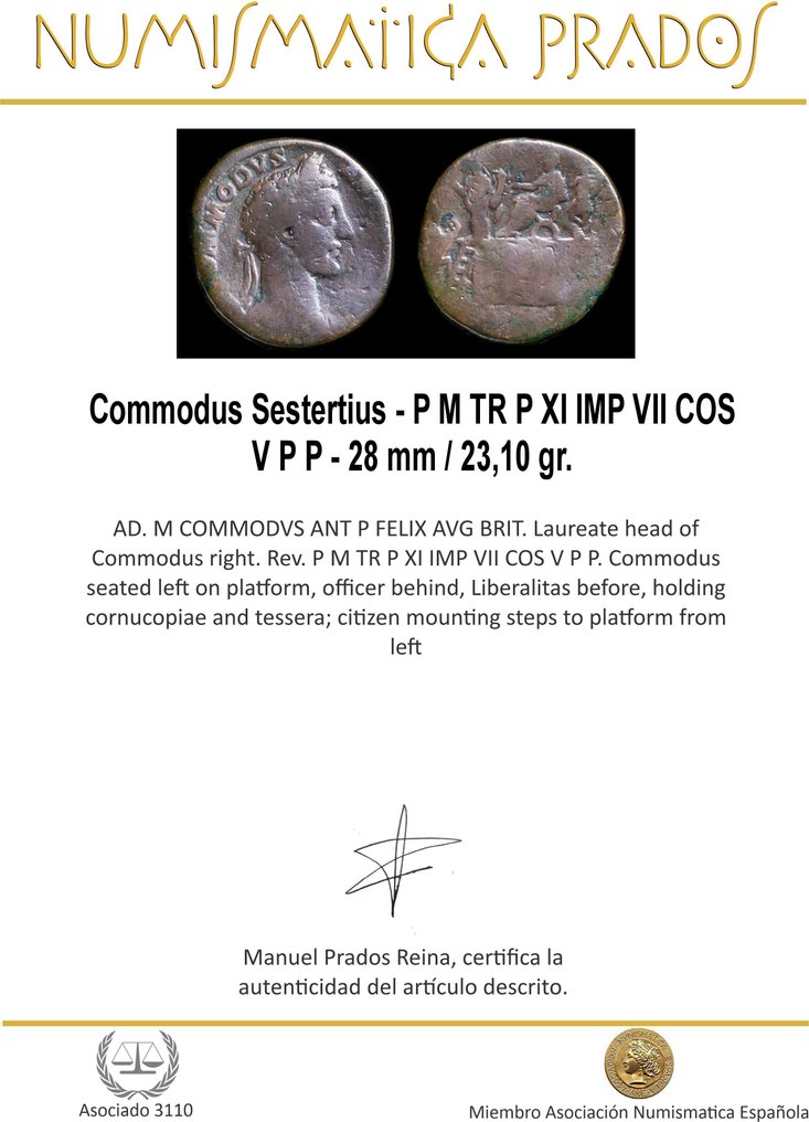 Roman Empire. Commodus (AD 177-192). Sestertius P M TR P XI IMP VII COS V P P  (No Reserve Price) #1.0