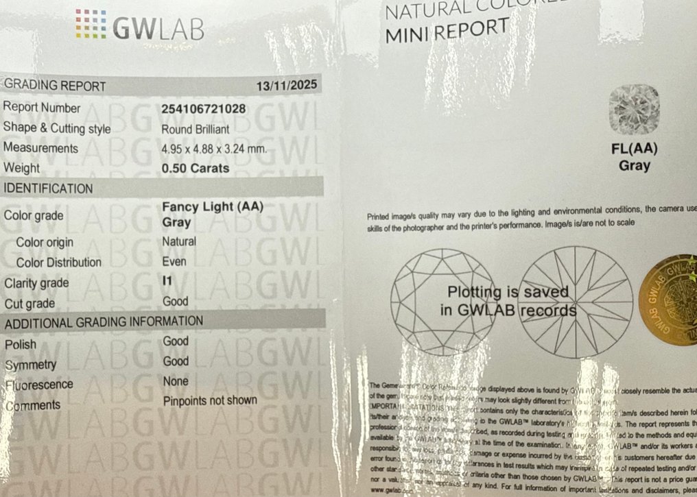 Sans prix de réserve - 1 pcs Diamant  (Couleur naturelle)  - 0.50 ct - Rond - Fancy light Gris - I1 - Gemewizard Gemological Laboratory (GWLab) #2.1