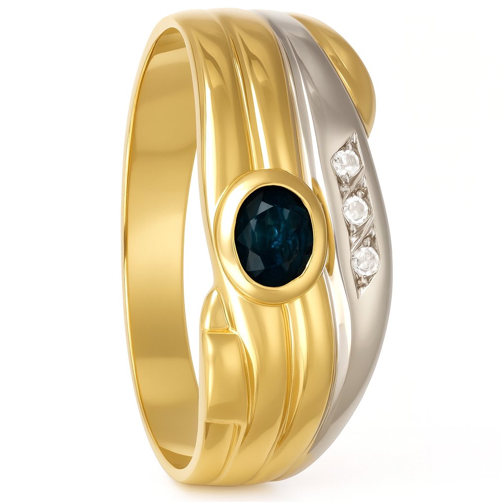 戒指 - 18 克拉 黃金, 白金 -  0.17ct. tw. 藍寶石 - 鉆石 #1.0