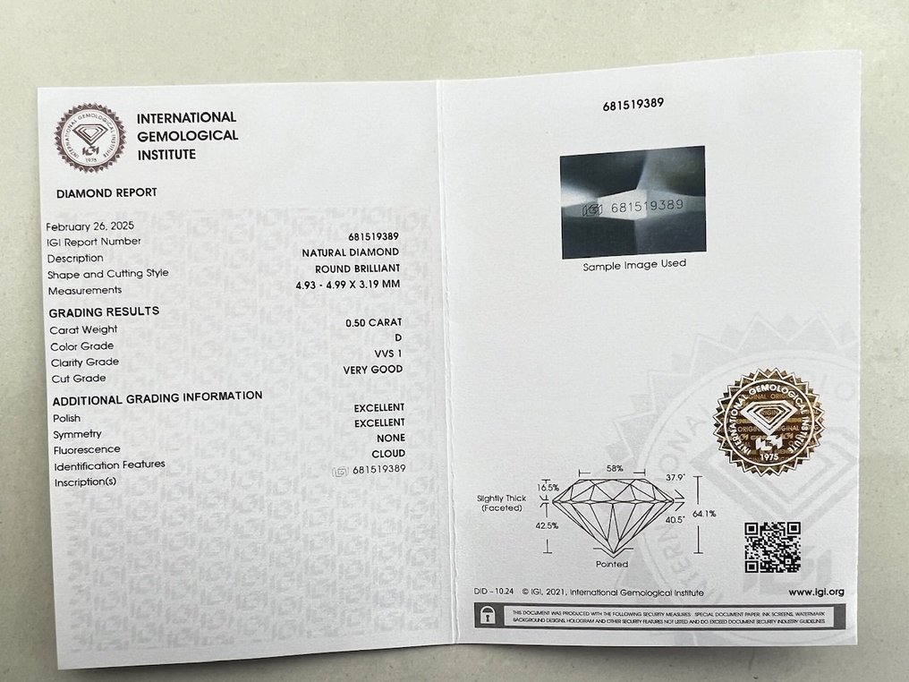 1 pcs 钻石  (天然)  - 0.50 ct - 圆形 - D (无色) - VVS1 极轻微内含一级 - 国际宝石研究院（IGI） #2.1