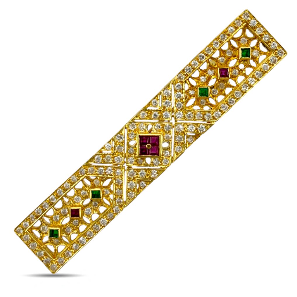 Rintaneula - 18 kt. Keltakulta, Eksklusiivinen Art Deco 18K keltakultainen 1,12 ct timantti, smaragdi ja rubiini suuri rintakoru. Timantti (Luonnollinen) #1.0