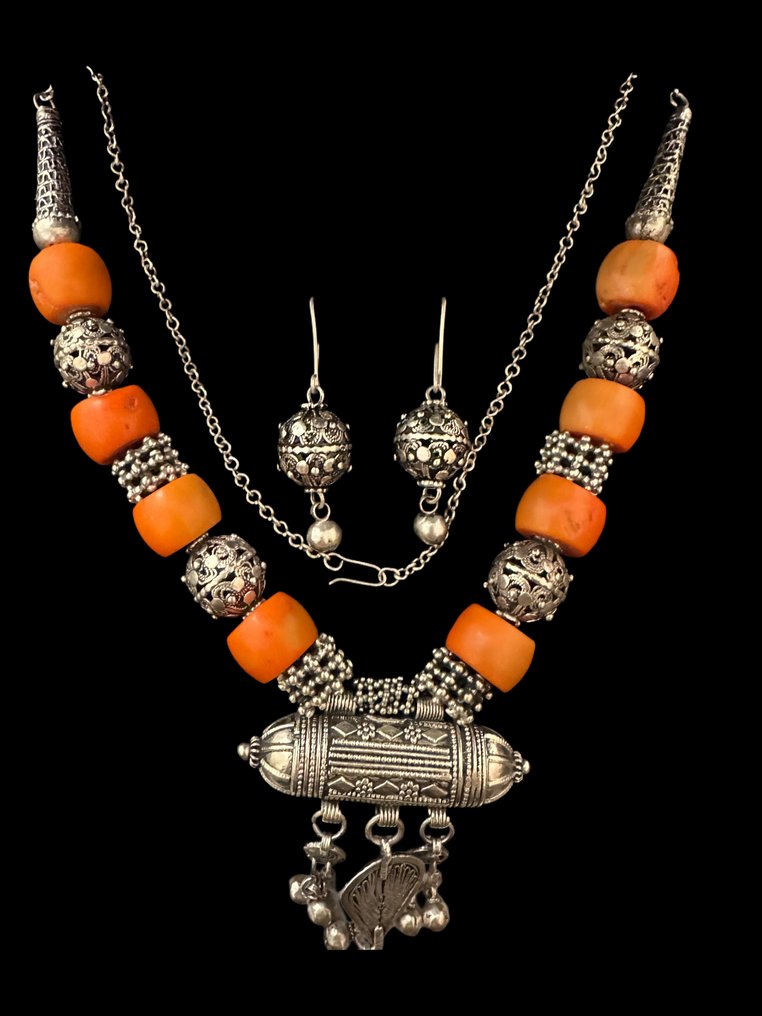 也门犹太银项链与耳环——萨那老城——20世纪中期 - 2件套珠宝 #1.0