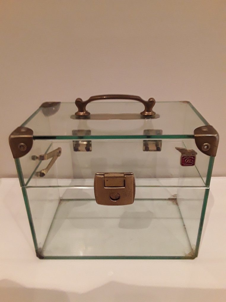 Display cabinet - glass and brass - Glass box with closure and brass edge guards shaped like a small trunk. #1.0