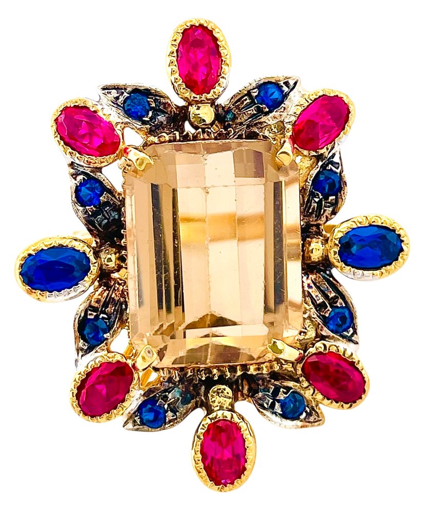 没有保留价 - 戒指 - 9 kt. 黄金, 银 石英 - 蓝宝石 #2.1