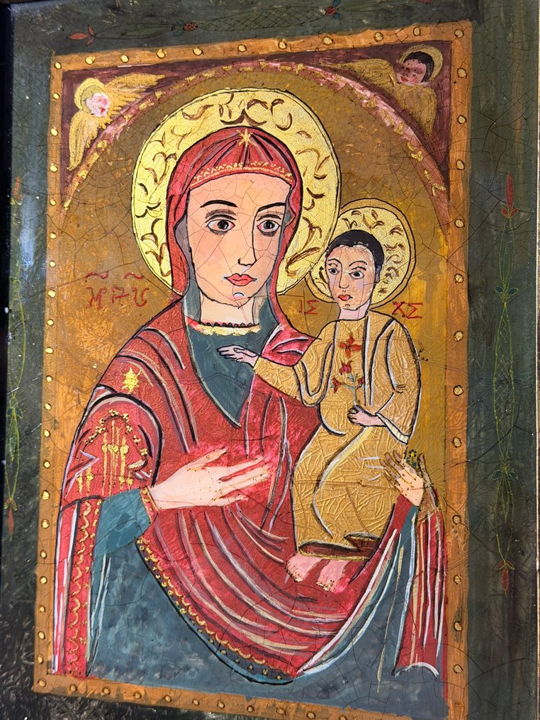 玻璃画 - 圣母与圣婴 - 26.9 x 35.5 厘米 - 木, 玻璃 - 1950-1960 #4.3