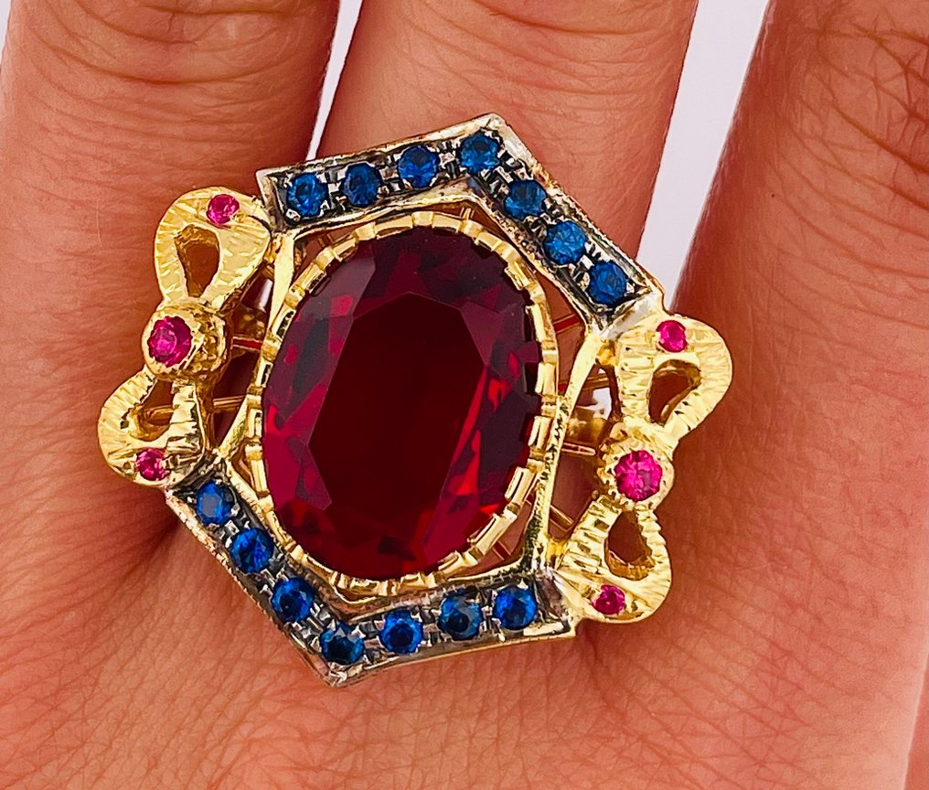 Senza prezzo di riserva - Anello - 9 kt Oro giallo, Argento Rubino - Zaffiro #2.1