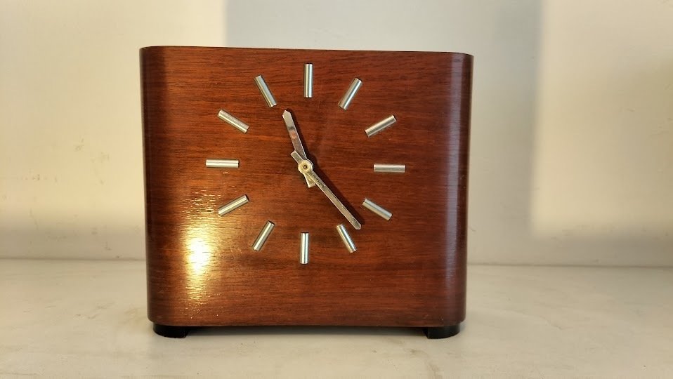 Table/desk clock - Art Deco spark lock - mahogany wood - chrome - 1920-1930 #1.0