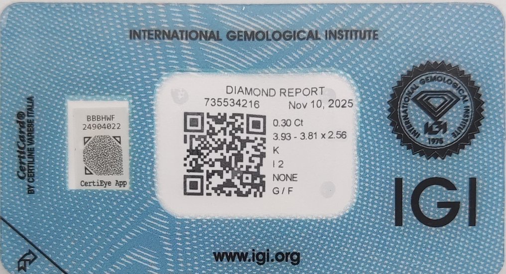 χωρίς τιμή ασφαλείας - 1 pcs Διαμάντι (Φυσικό) - 0.30 ct - K - I2 - International Gemological Institute (IGI) #2.1