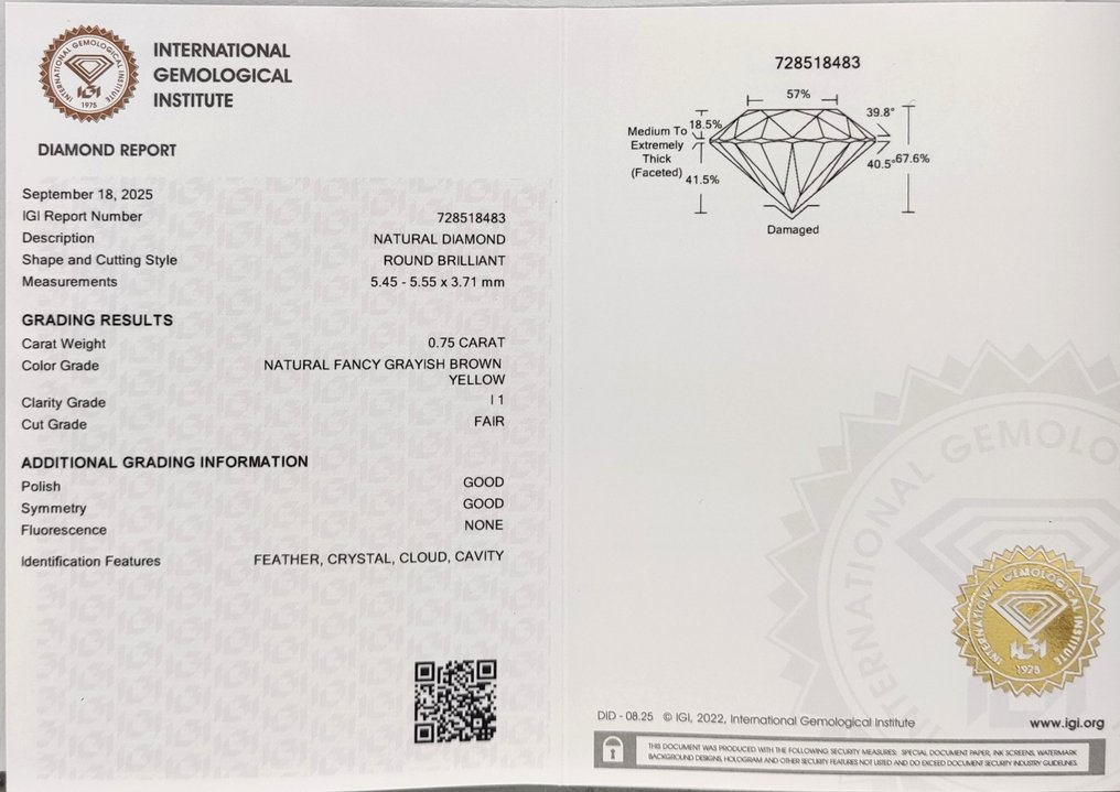 χωρίς τιμή ασφαλείας - 1 pcs Διαμάντι (Φυσικού χρώματος) - 0.75 ct - Στρογγυλό - Fancy Καφέ, Γκριζωπό Κίτρινο - I1 - International Gemological Institute (IGI) #4.3