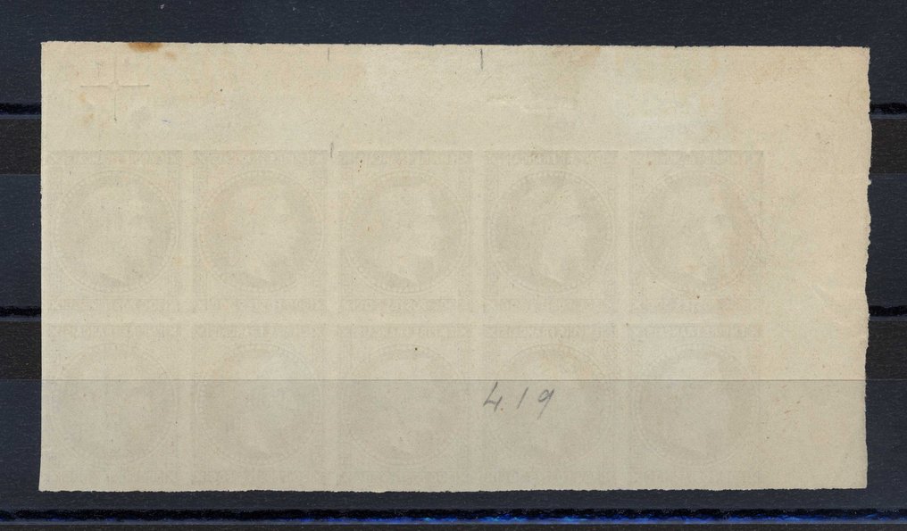 Franța 1867/1868 - Bloc de probă de 10 exemplare, 30c Napoleon Lauré, violet, din 1867!!! - Yvert et Tellier - Tome 1 2025 - Partie Essais, page 120. #1.0