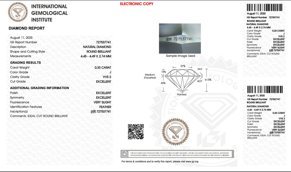 没有保留价 - 1 pcs 钻石  (天然)  - 0.33 ct - 圆形 - J - VVS2 极轻微内含二级 - 国际宝石研究院（IGI） - *EX EX EX* #4.3