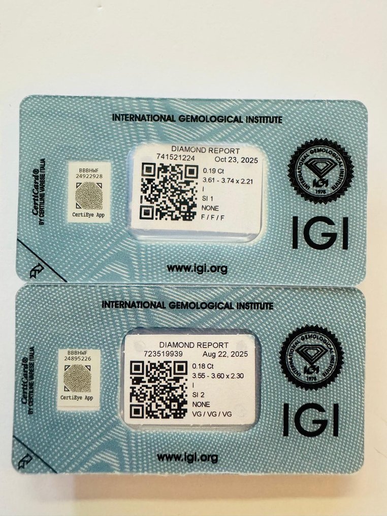 没有保留价 - 2 pcs 钻石  (天然)  - 0.37 ct - 圆形 - I - SI1 微内含一级, SI2 微内含二级 - 国际宝石研究院（IGI） - 一对 #1.0