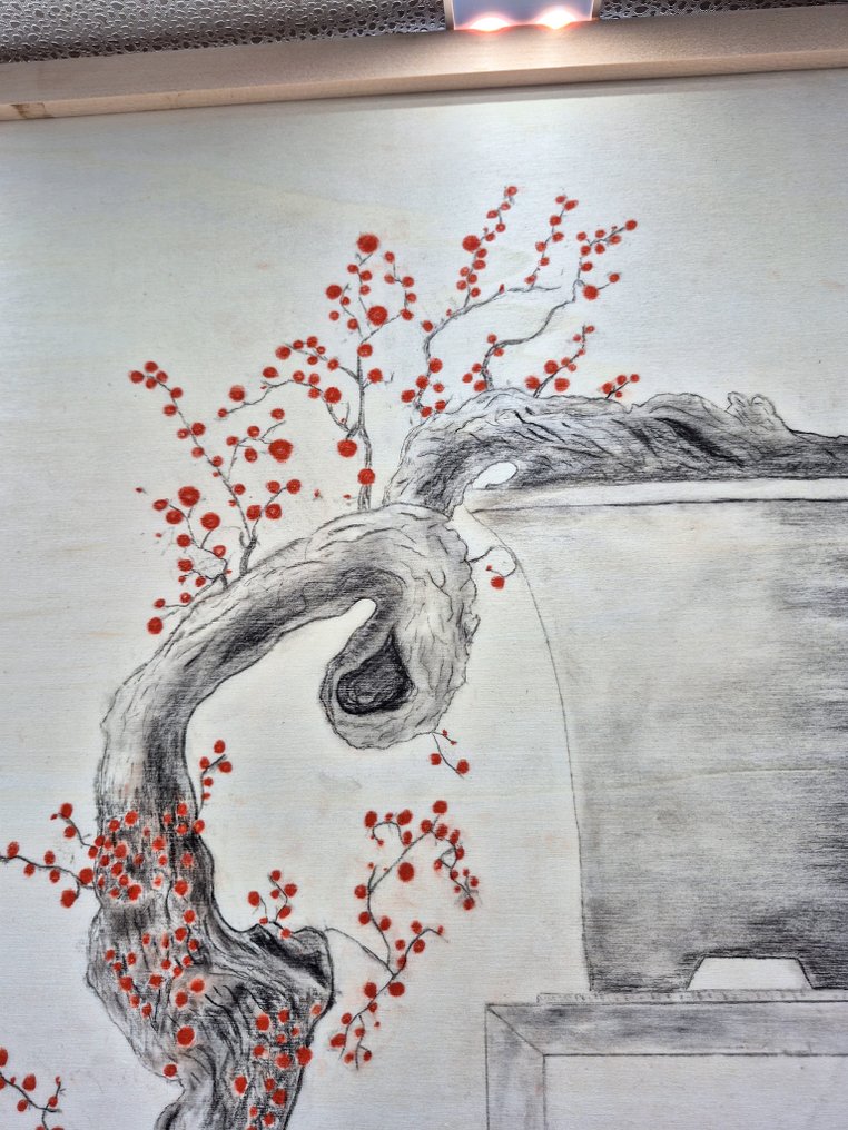 Kézzel rajzolt szénrajz egy bonsairól faanyagon – 1 méter - Magasság (fa): 100 cm - Mélység (fa): 65 cm - Japán #3.2