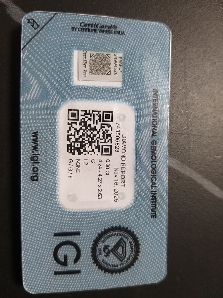 没有保留价 - 1 pcs 钻石  (天然)  - 0.30 ct - 圆形 - G - I2 内含二级 - 国际宝石研究院（IGI） #1.0