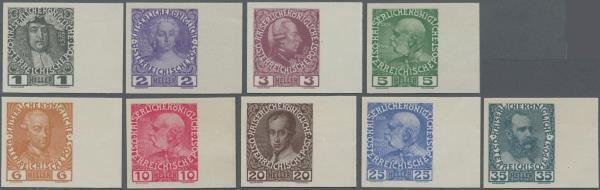 Αυστρία 1908 - Επετειακή σειρά: ανοικτή δοκιμή με πιστοποιητικό Soecknick - πρώτη φορά παρουσιαζόμενο - Michel 139/144 en 146/149 xzU #2.1