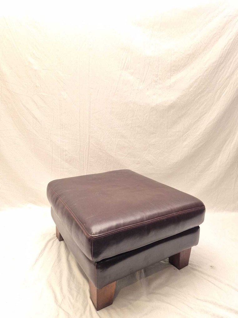 Poef - Jaren 60 Lederen poef - Leder, Hout #2.1