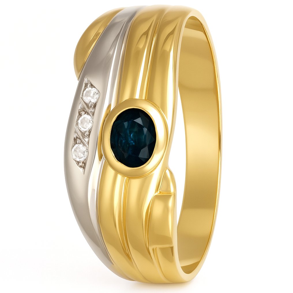 戒指 - 18 克拉 黃金, 白金 -  0.17ct. tw. 藍寶石 - 鉆石 #4.3