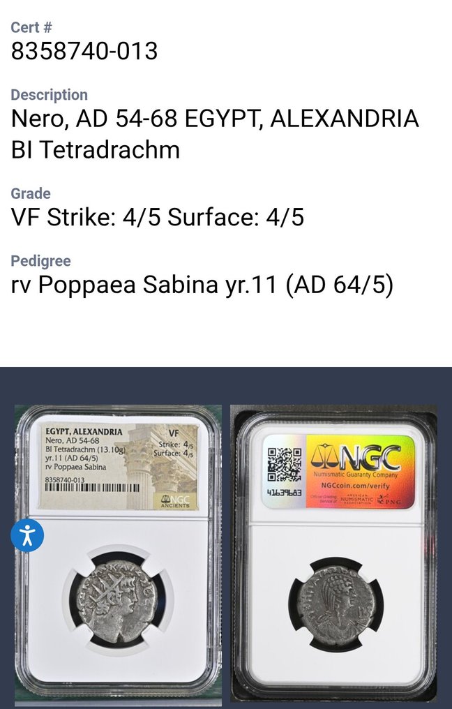 Impero Romano (provinciale). Nerone (54-68 d.C.). Tetradrachm with Poppaea. Egypt, Alexandria #4.3