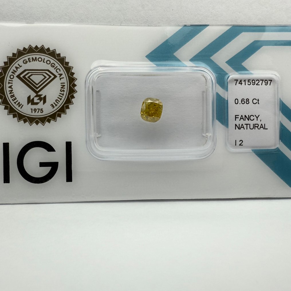 Ingen reservasjonspris - 1 pcs Diamant (Naturfarget) - 0.68 ct - Pute - Fancy intense Gul - I2 - Det internasjonale gemologiske institutt (IGI) #3.2