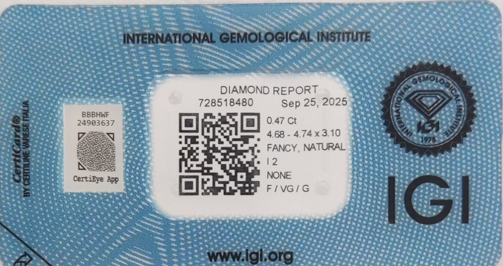 No Reserve Price - 1 pcs Diamond  (Natural coloured)  - 0.47 ct - Round - Fancy light Brown Yellow - I2 - International Gemological Institute (IGI) #2.1