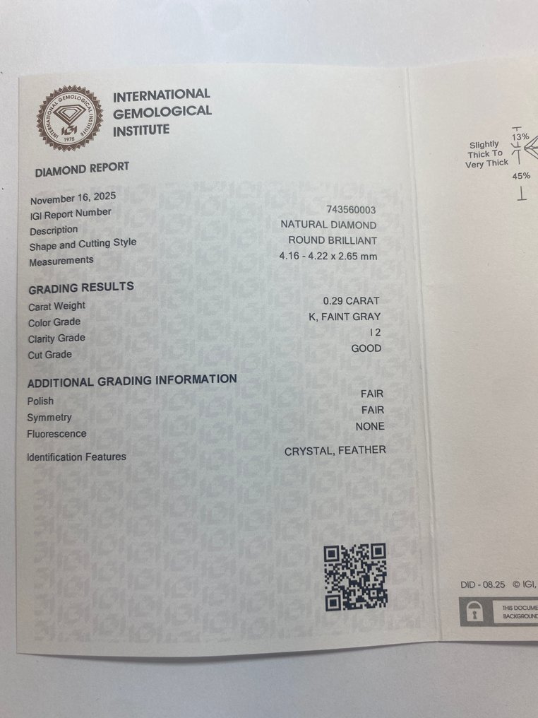 χωρίς τιμή ασφαλείας - 1 pcs Διαμάντι  (Φυσικό)  - 0.29 ct - Στρογγυλό - K - I2 - International Gemological Institute (IGI) #3.2