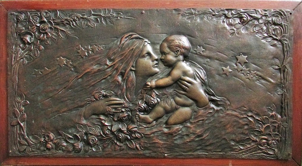 Grande relevo de bronze - Madonna com criança - 66 x 36 cm - 7,5 kg - Arte nova - Bronze - Início do século XX #2.1