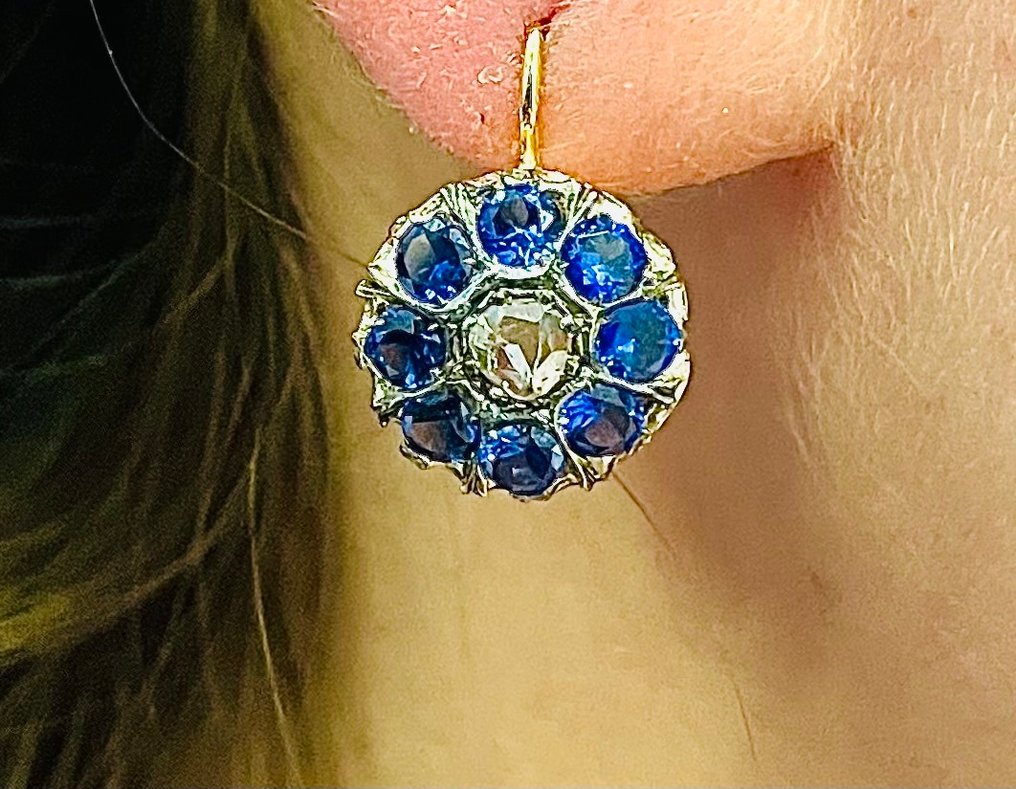 χωρίς τιμή ασφαλείας - Σκουλαρίκια - 9 kt. Κίτρινο χρυσό, Ασημί Ζαφείρι - Διαμάντι #4.3